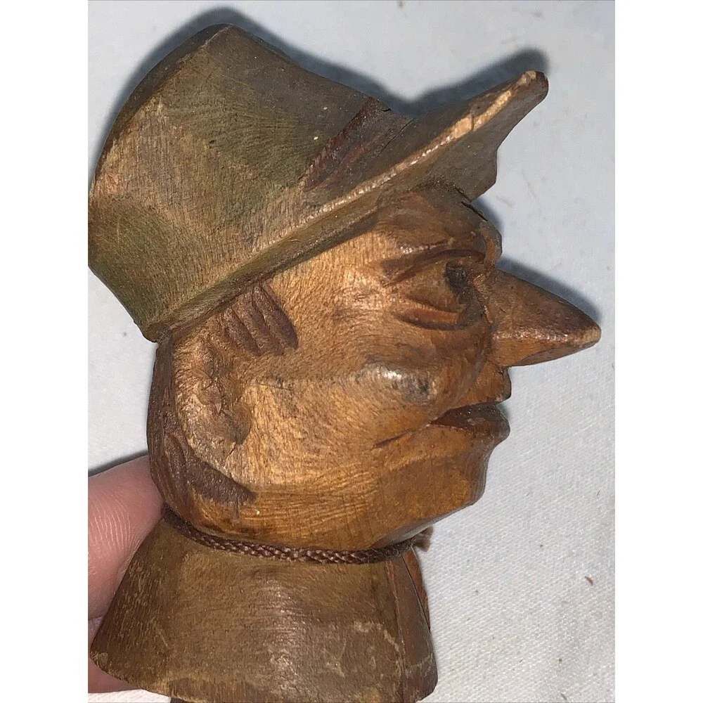 Vintage Hand Carved Folk Art Wine Bottle Stopper Metal Spout Wooden Man Barware